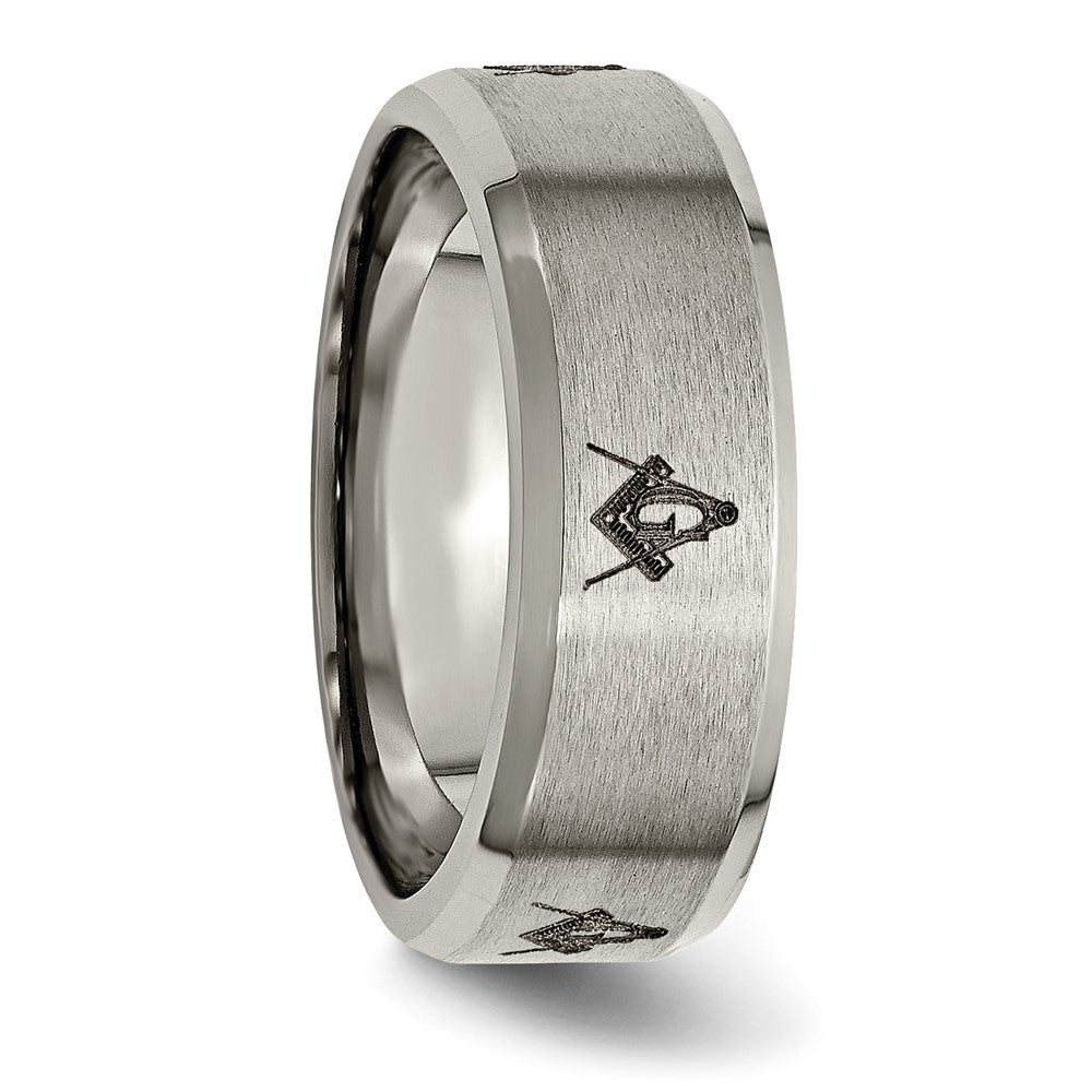 Alternate view of the 8mm Titanium Laser Etched Masonic Beveled Standard Fit Band by The Black Bow Jewelry Co.