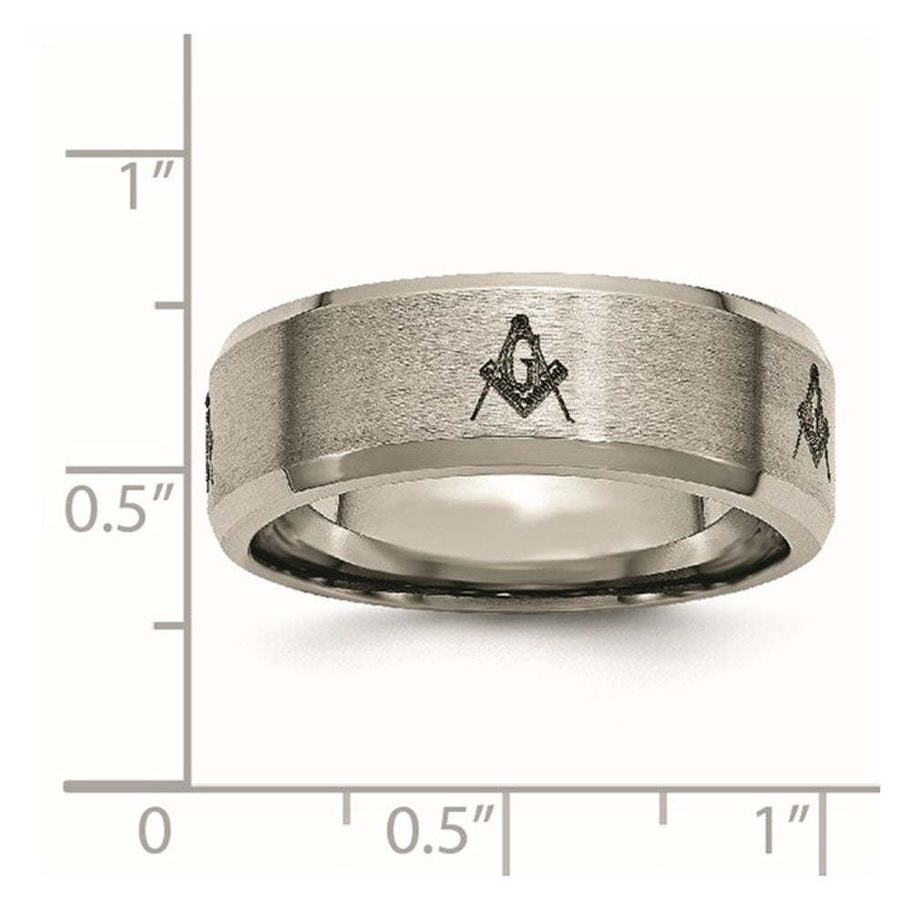 Alternate view of the 8mm Titanium Laser Etched Masonic Beveled Standard Fit Band by The Black Bow Jewelry Co.