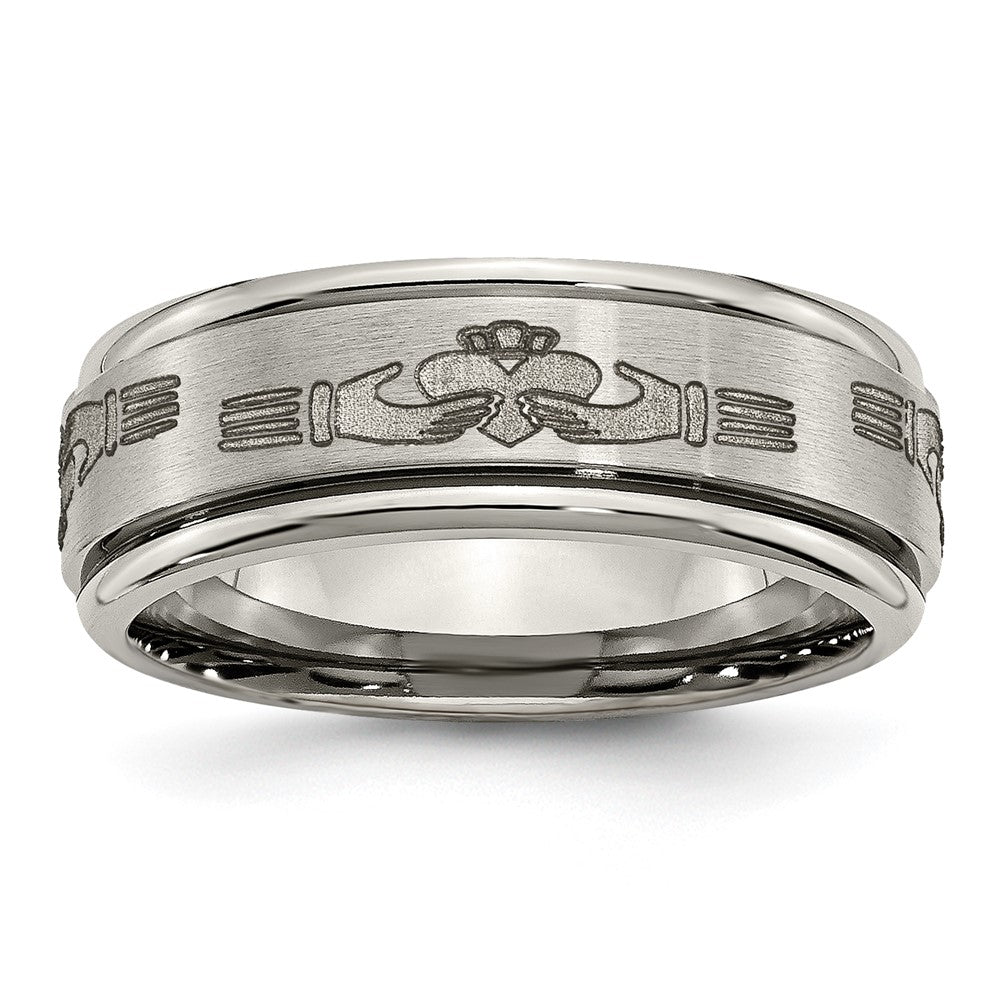8mm Titanium Laser Etched Claddagh Grooved Edge Standard Fit Band, Item R11931 by The Black Bow Jewelry Co.
