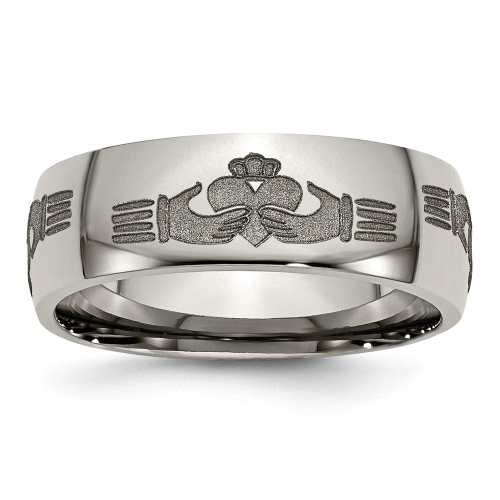 8mm Titanium Etched & Polished Claddagh Domed Standard Fit Band, Item R11933 by The Black Bow Jewelry Co.