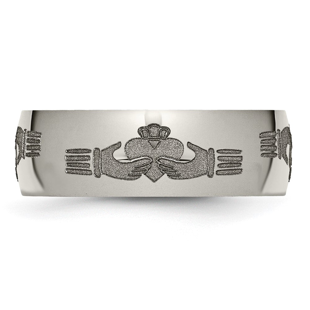 Alternate view of the 8mm Titanium Etched & Polished Claddagh Domed Standard Fit Band by The Black Bow Jewelry Co.