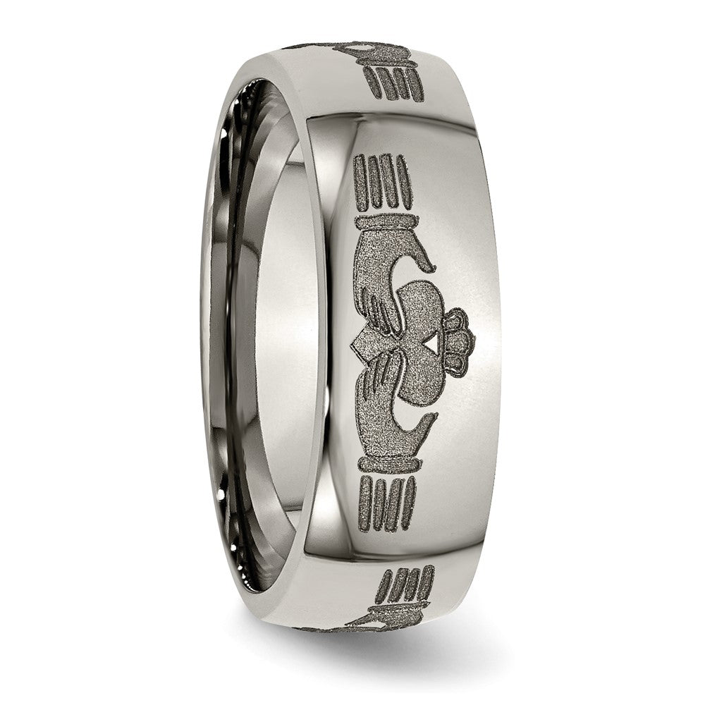 Alternate view of the 8mm Titanium Etched & Polished Claddagh Domed Standard Fit Band by The Black Bow Jewelry Co.