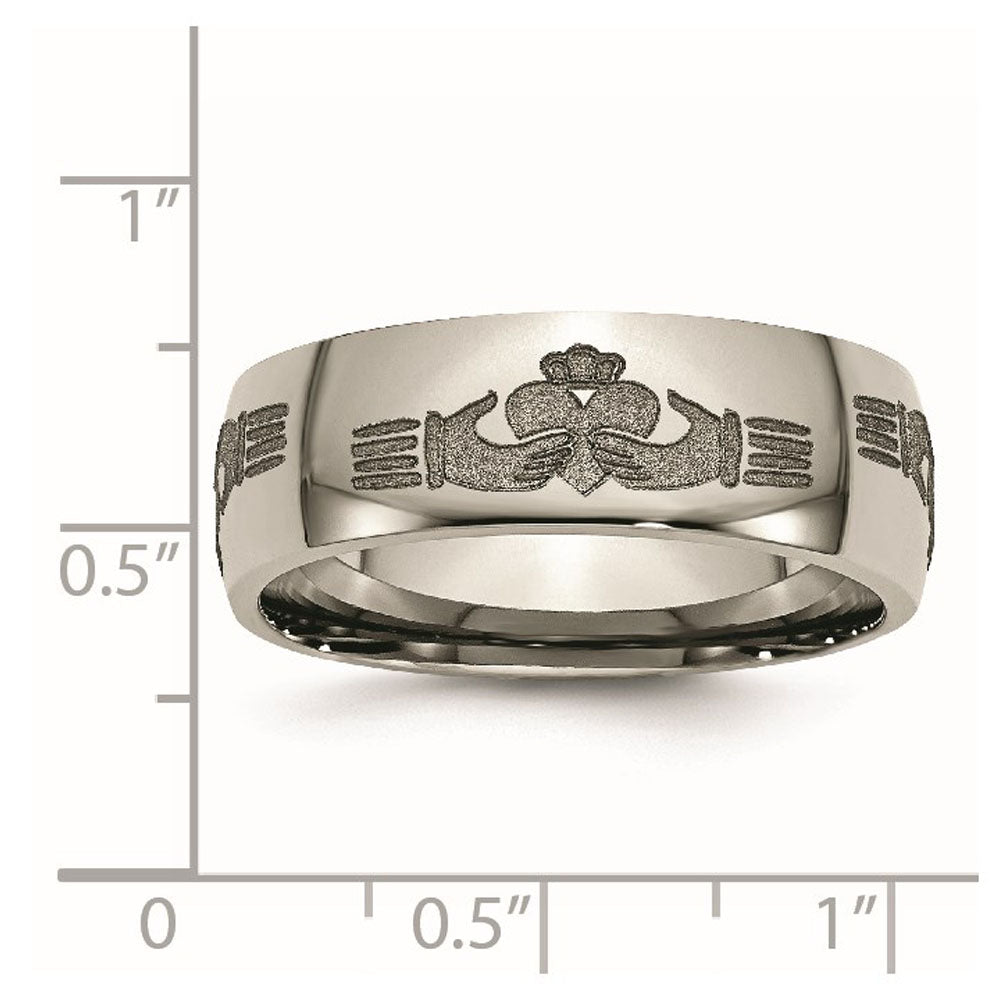 Alternate view of the 8mm Titanium Etched & Polished Claddagh Domed Standard Fit Band by The Black Bow Jewelry Co.
