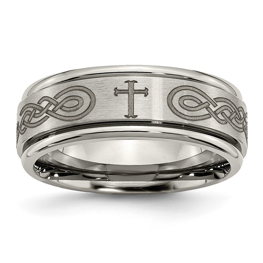 8mm Titanium Etched Cross & Scroll Grooved Edge Standard Fit Band, Item R11935 by The Black Bow Jewelry Co.