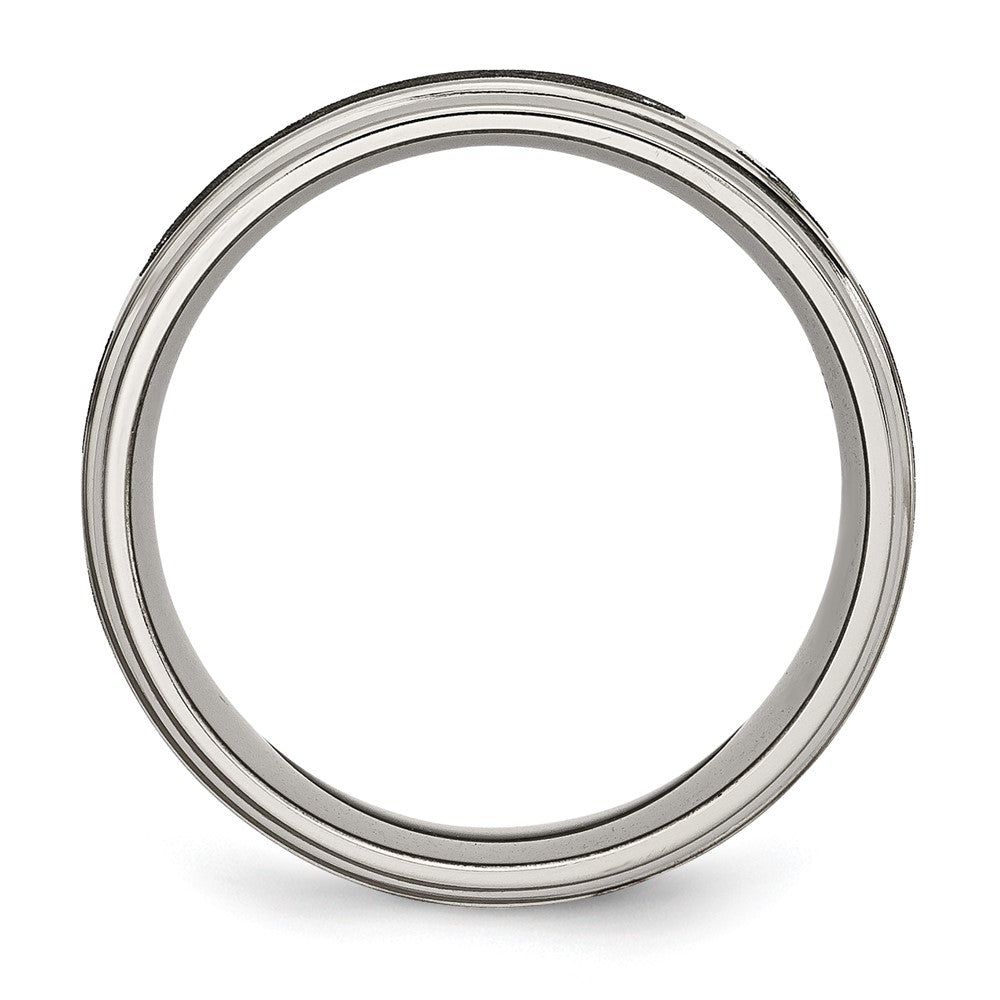Alternate view of the 8mm Titanium Etched Cross & Scroll Grooved Edge Standard Fit Band by The Black Bow Jewelry Co.