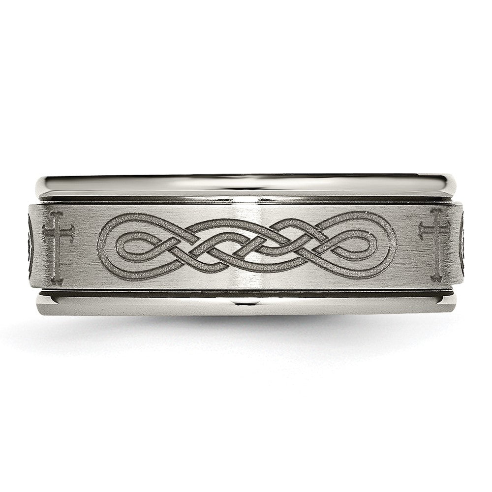 Alternate view of the 8mm Titanium Etched Cross & Scroll Grooved Edge Standard Fit Band by The Black Bow Jewelry Co.