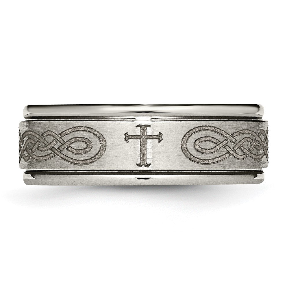 Alternate view of the 8mm Titanium Etched Cross & Scroll Grooved Edge Standard Fit Band by The Black Bow Jewelry Co.