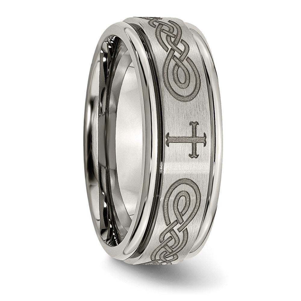 Alternate view of the 8mm Titanium Etched Cross & Scroll Grooved Edge Standard Fit Band by The Black Bow Jewelry Co.