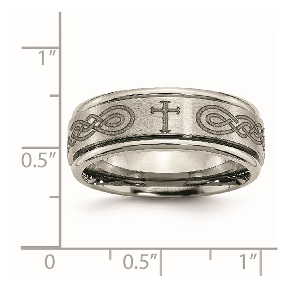 Alternate view of the 8mm Titanium Etched Cross & Scroll Grooved Edge Standard Fit Band by The Black Bow Jewelry Co.