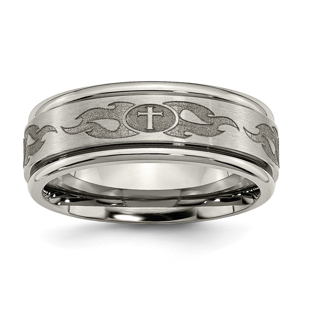 8mm Titanium Lasered Cross &amp; Flame Grooved Edge Standard Fit Band, Item R11939 by The Black Bow Jewelry Co.