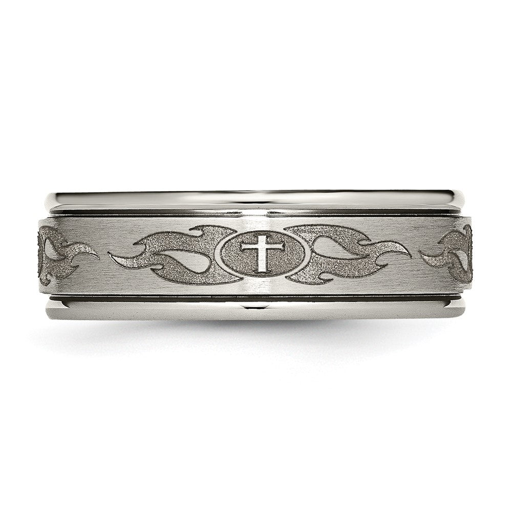 Alternate view of the 8mm Titanium Lasered Cross &amp; Flame Grooved Edge Standard Fit Band by The Black Bow Jewelry Co.