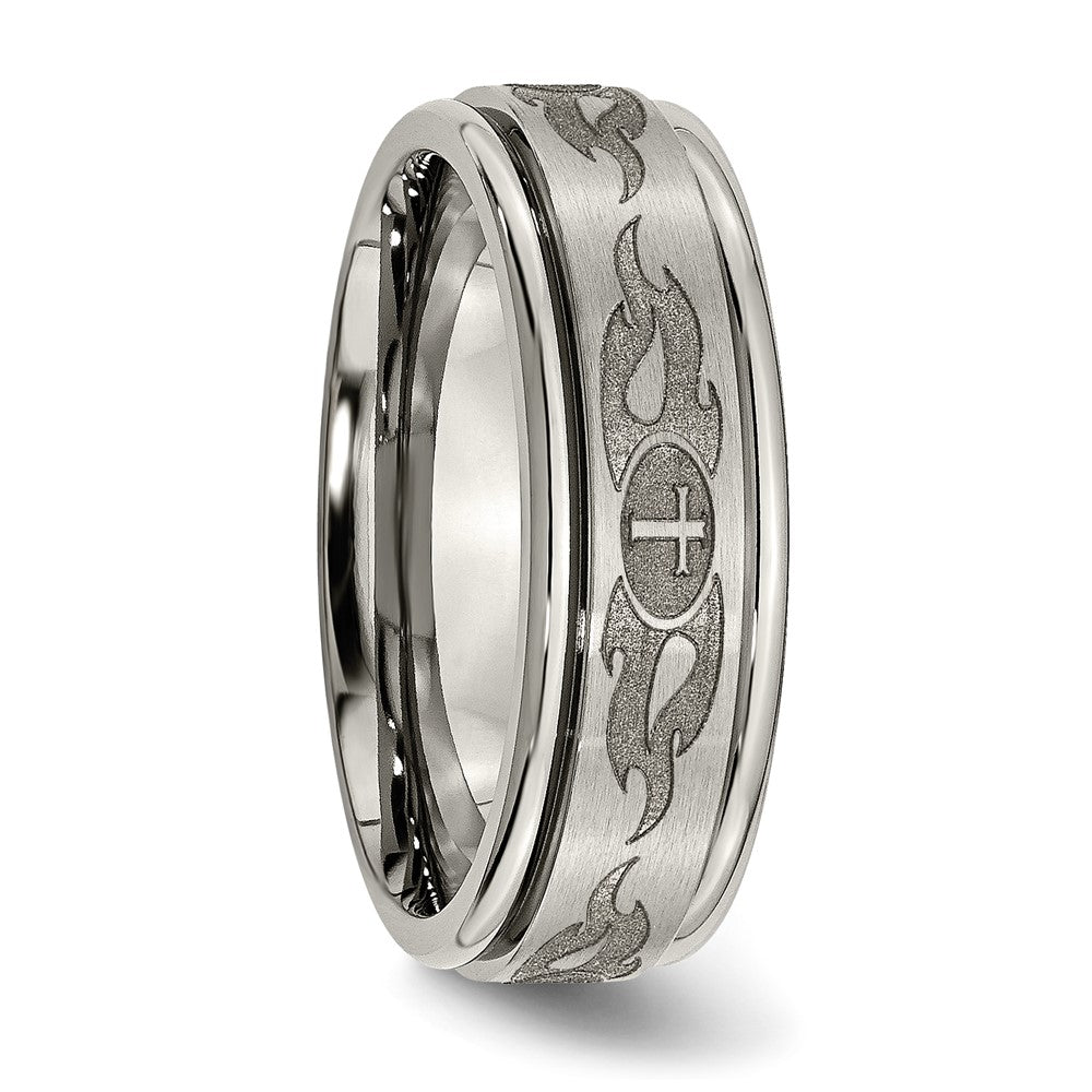 Alternate view of the 8mm Titanium Lasered Cross &amp; Flame Grooved Edge Standard Fit Band by The Black Bow Jewelry Co.