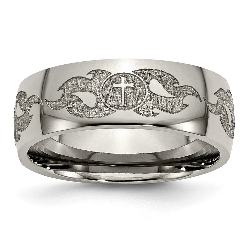 8mm Titanium Etched/Polished Cross & Flames Domed Standard Fit Band, Item R11941 by The Black Bow Jewelry Co.
