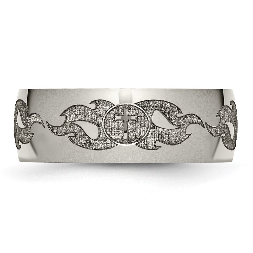 Alternate view of the 8mm Titanium Etched/Polished Cross & Flames Domed Standard Fit Band by The Black Bow Jewelry Co.
