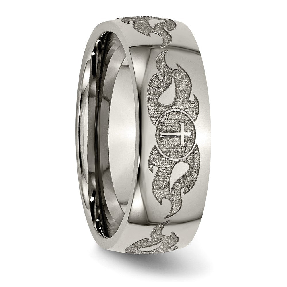 Alternate view of the 8mm Titanium Etched/Polished Cross & Flames Domed Standard Fit Band by The Black Bow Jewelry Co.