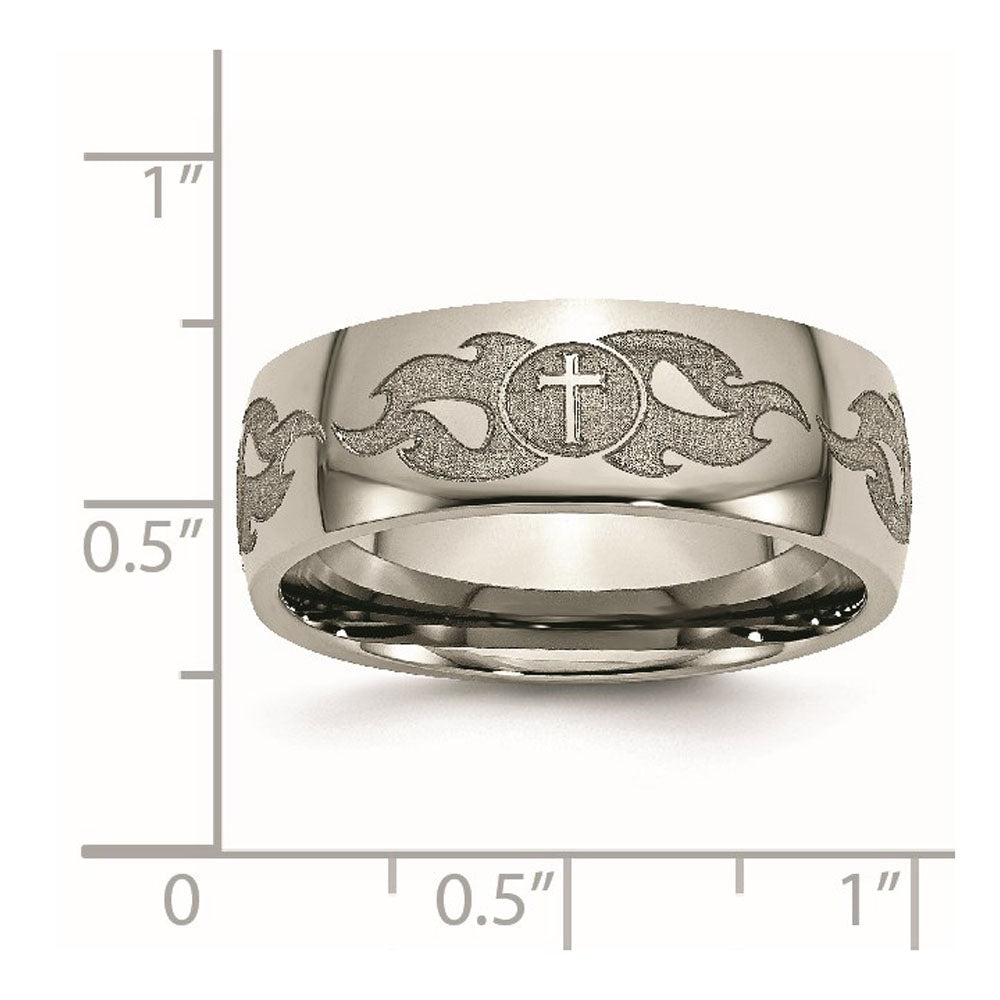 Alternate view of the 8mm Titanium Etched/Polished Cross & Flames Domed Standard Fit Band by The Black Bow Jewelry Co.