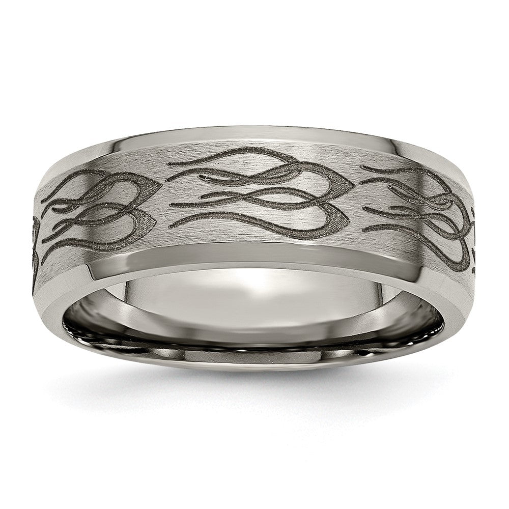 8mm Titanium Laser Etched Flames Beveled Edge Standard Fit Band, Item R11942 by The Black Bow Jewelry Co.