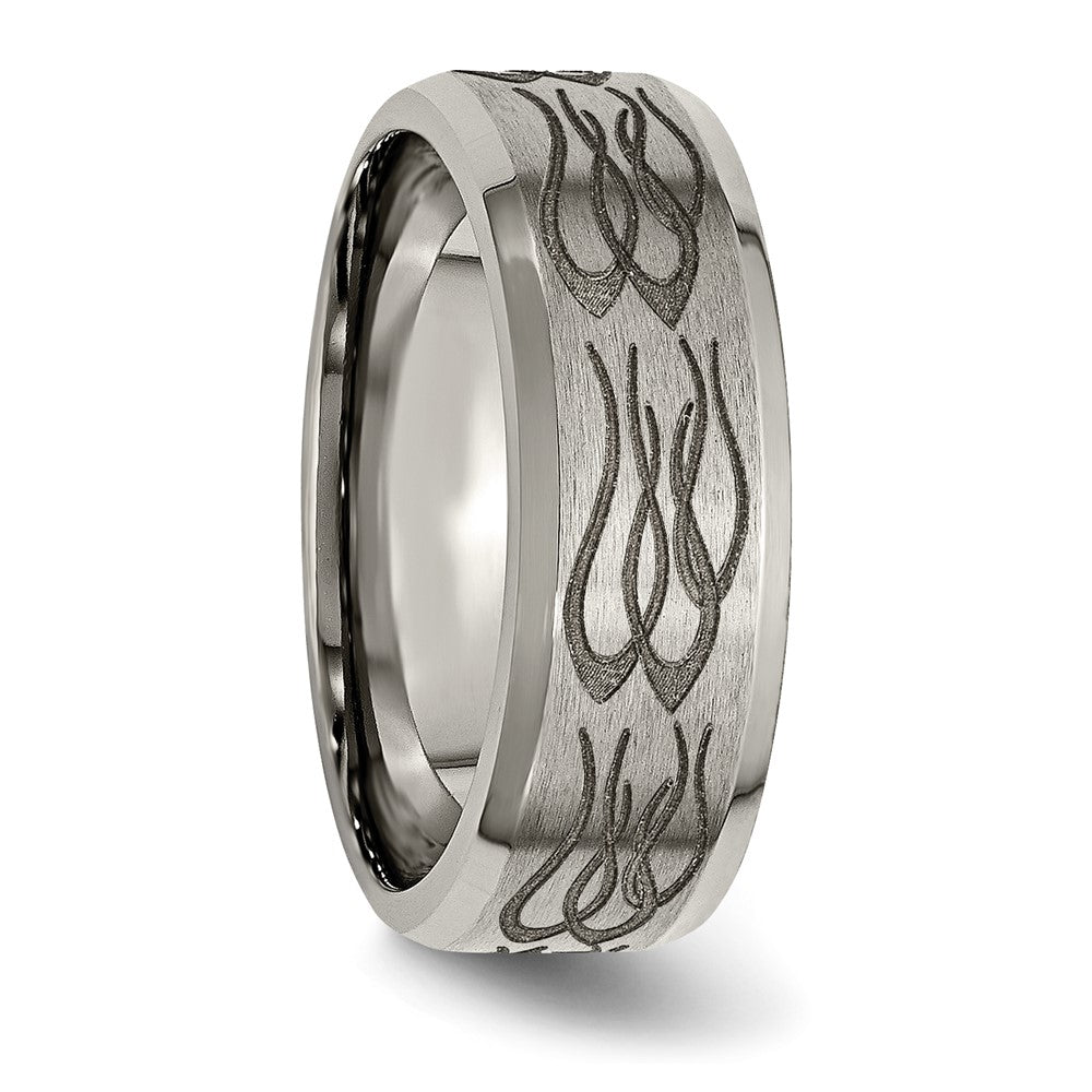 Alternate view of the 8mm Titanium Laser Etched Flames Beveled Edge Standard Fit Band by The Black Bow Jewelry Co.