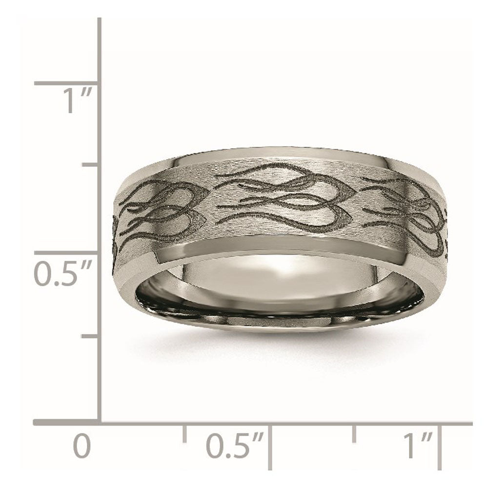 Alternate view of the 8mm Titanium Laser Etched Flames Beveled Edge Standard Fit Band by The Black Bow Jewelry Co.