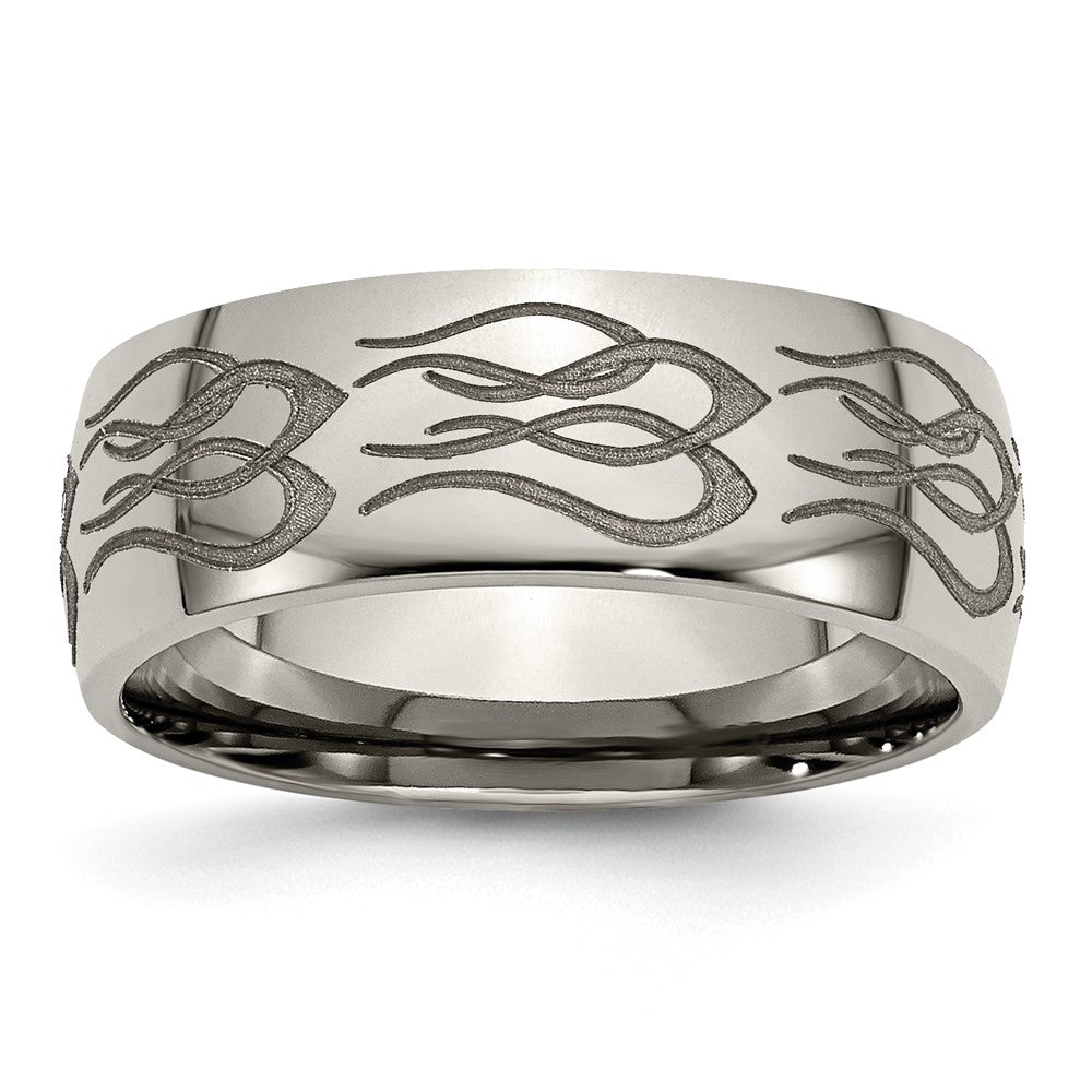 8mm Titanium Etched & Polished Flames Domed Standard Fit Band, Item R11945 by The Black Bow Jewelry Co.