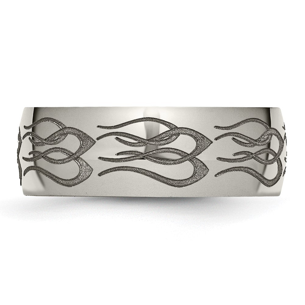 Alternate view of the 8mm Titanium Etched & Polished Flames Domed Standard Fit Band by The Black Bow Jewelry Co.