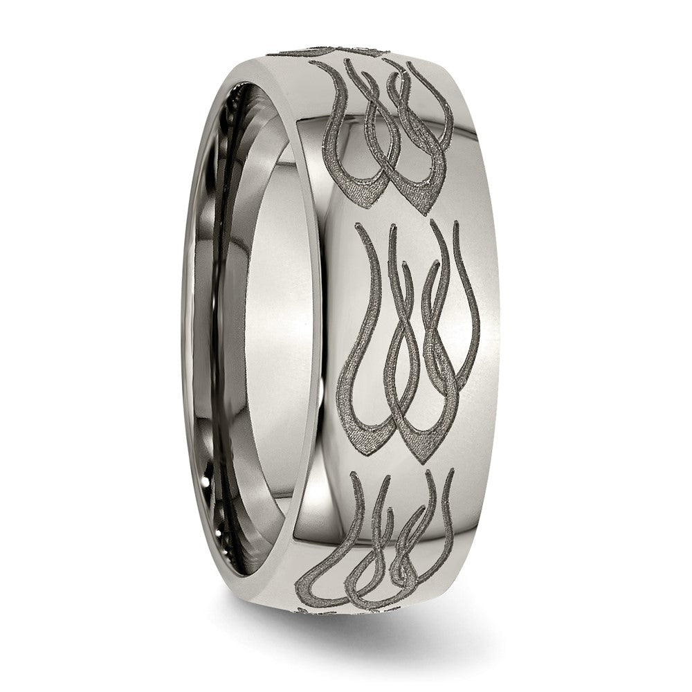 Alternate view of the 8mm Titanium Etched & Polished Flames Domed Standard Fit Band by The Black Bow Jewelry Co.