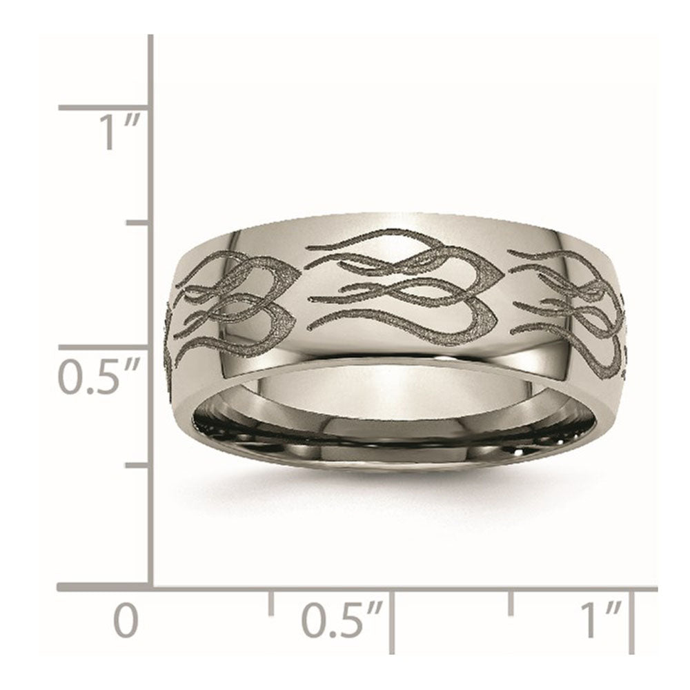 Alternate view of the 8mm Titanium Etched & Polished Flames Domed Standard Fit Band by The Black Bow Jewelry Co.