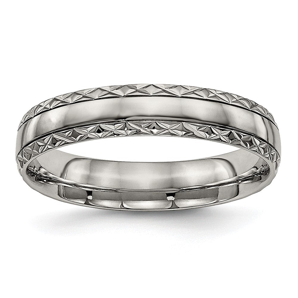 5mm Titanium Polished Grooved Crisscross Edge Standard Fit Band, Item R11948 by The Black Bow Jewelry Co.