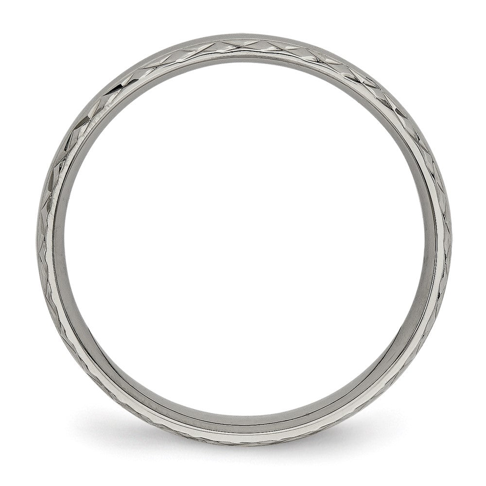 Alternate view of the 5mm Titanium Polished Grooved Crisscross Edge Standard Fit Band by The Black Bow Jewelry Co.