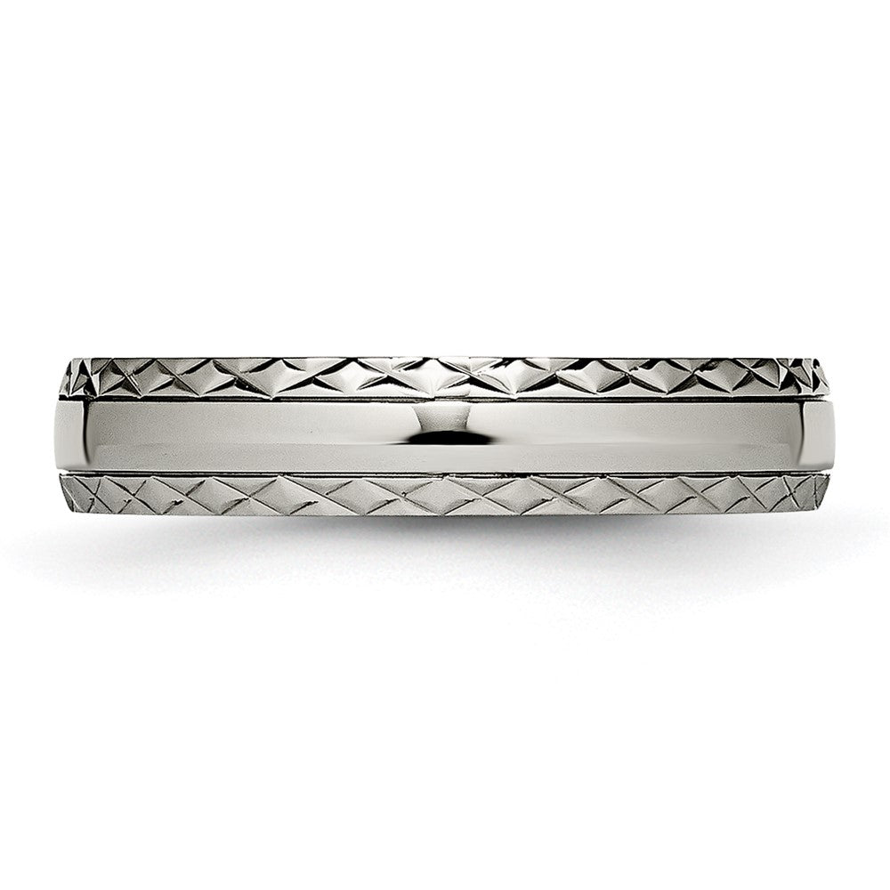 Alternate view of the 5mm Titanium Polished Grooved Crisscross Edge Standard Fit Band by The Black Bow Jewelry Co.