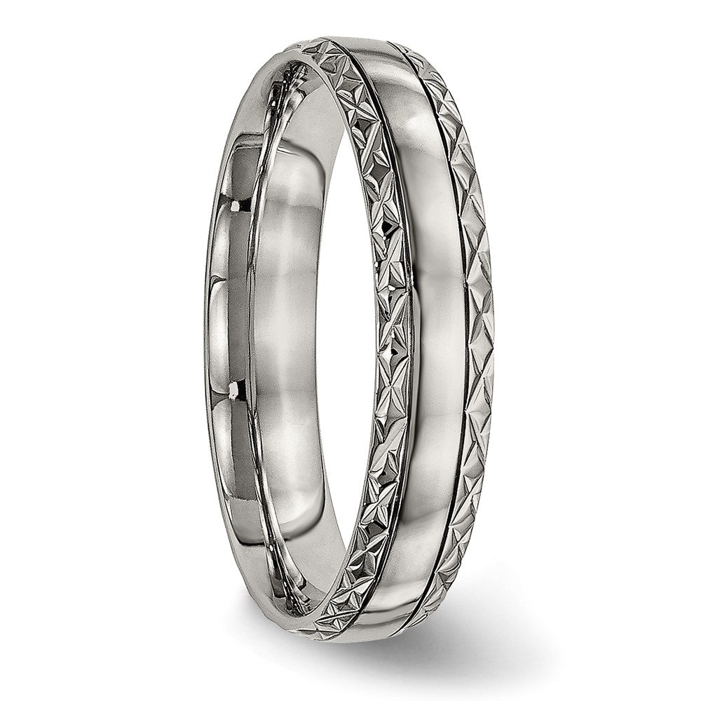 Alternate view of the 5mm Titanium Polished Grooved Crisscross Edge Standard Fit Band by The Black Bow Jewelry Co.
