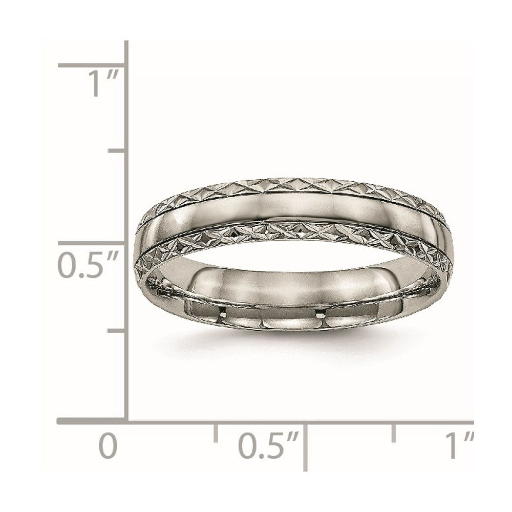 Alternate view of the 5mm Titanium Polished Grooved Crisscross Edge Standard Fit Band by The Black Bow Jewelry Co.