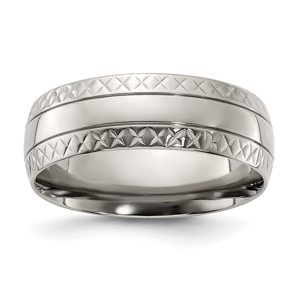 7mm Titanium Polished Grooved Crisscross Edge Standard Fit Band, Item R11949 by The Black Bow Jewelry Co.