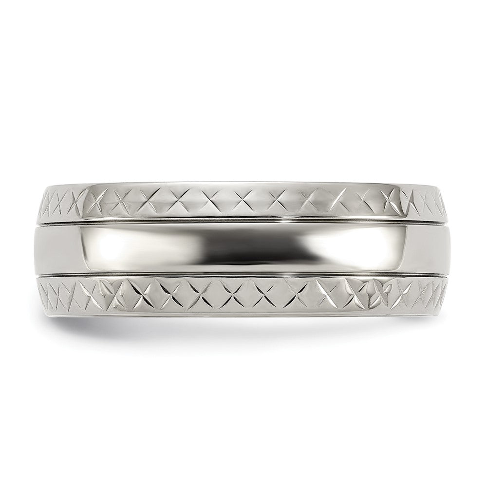 Alternate view of the 7mm Titanium Polished Grooved Crisscross Edge Standard Fit Band by The Black Bow Jewelry Co.