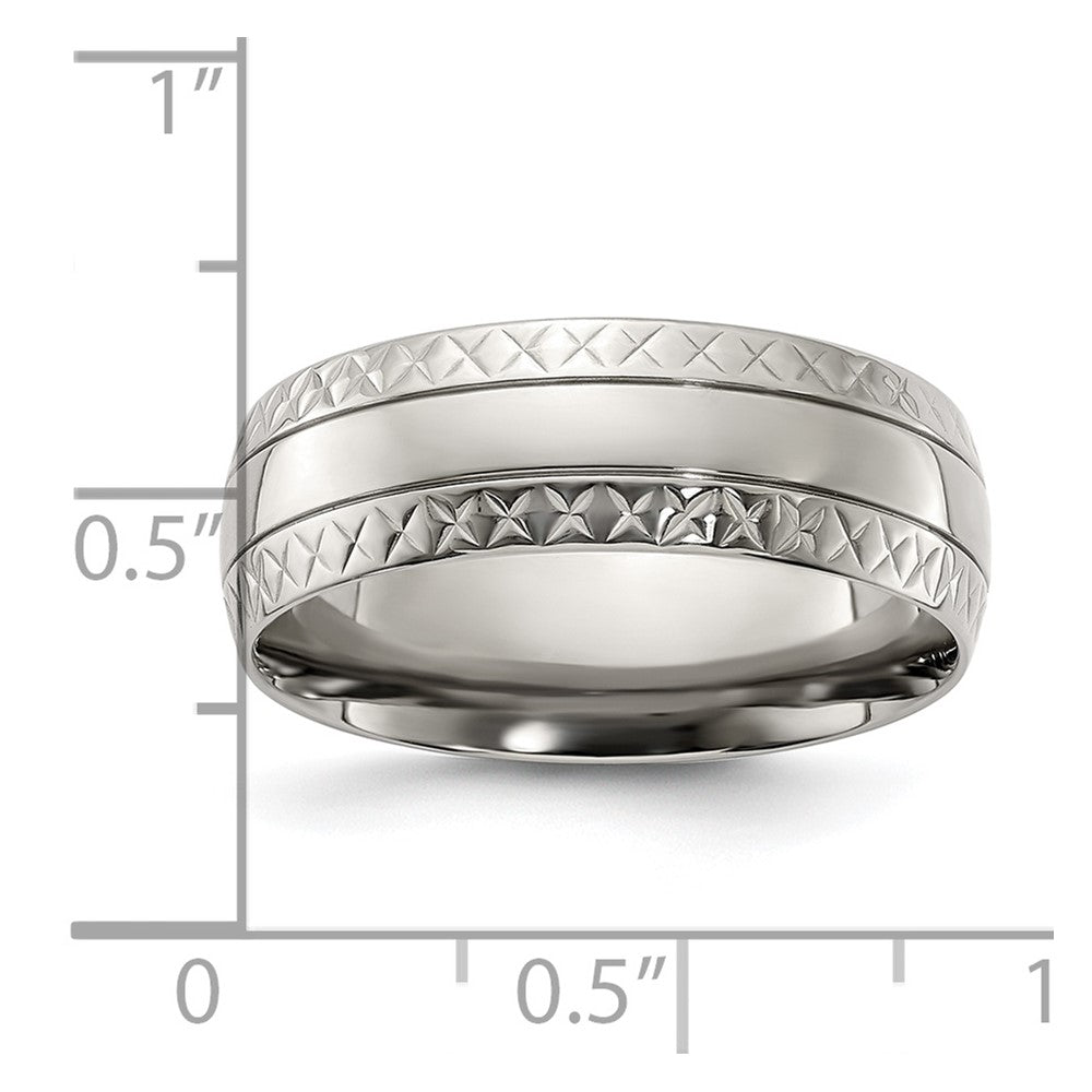 Alternate view of the 7mm Titanium Polished Grooved Crisscross Edge Standard Fit Band by The Black Bow Jewelry Co.
