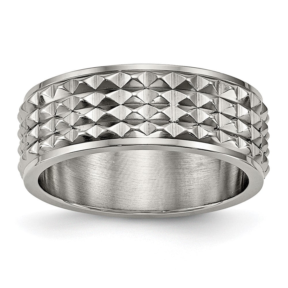 8mm Titanium Polished Studded Ridged Edge Standard Fit Band, Item R11951 by The Black Bow Jewelry Co.