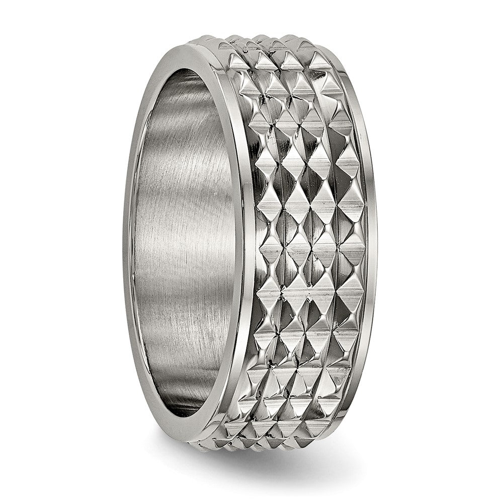 Alternate view of the 8mm Titanium Polished Studded Ridged Edge Standard Fit Band by The Black Bow Jewelry Co.