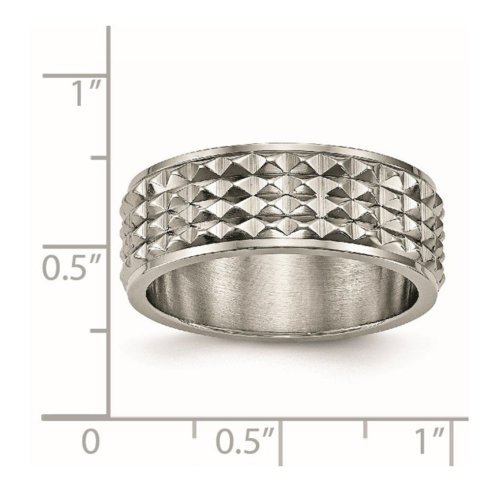 Alternate view of the 8mm Titanium Polished Studded Ridged Edge Standard Fit Band by The Black Bow Jewelry Co.