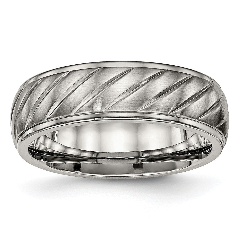 7mm Titanium Brushed Diagonal Grooved Ridged Edge Standard Fit Band, Item R11952 by The Black Bow Jewelry Co.