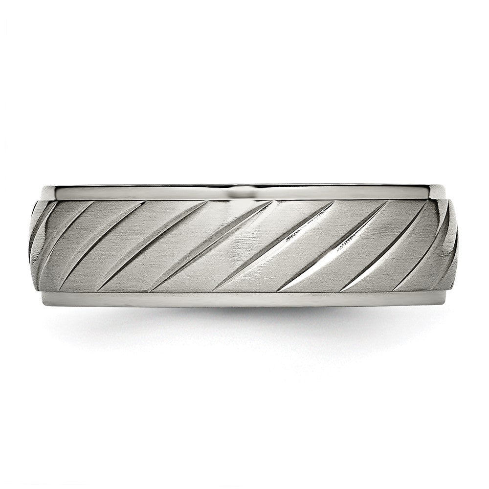 Alternate view of the 7mm Titanium Brushed Diagonal Grooved Ridged Edge Standard Fit Band by The Black Bow Jewelry Co.