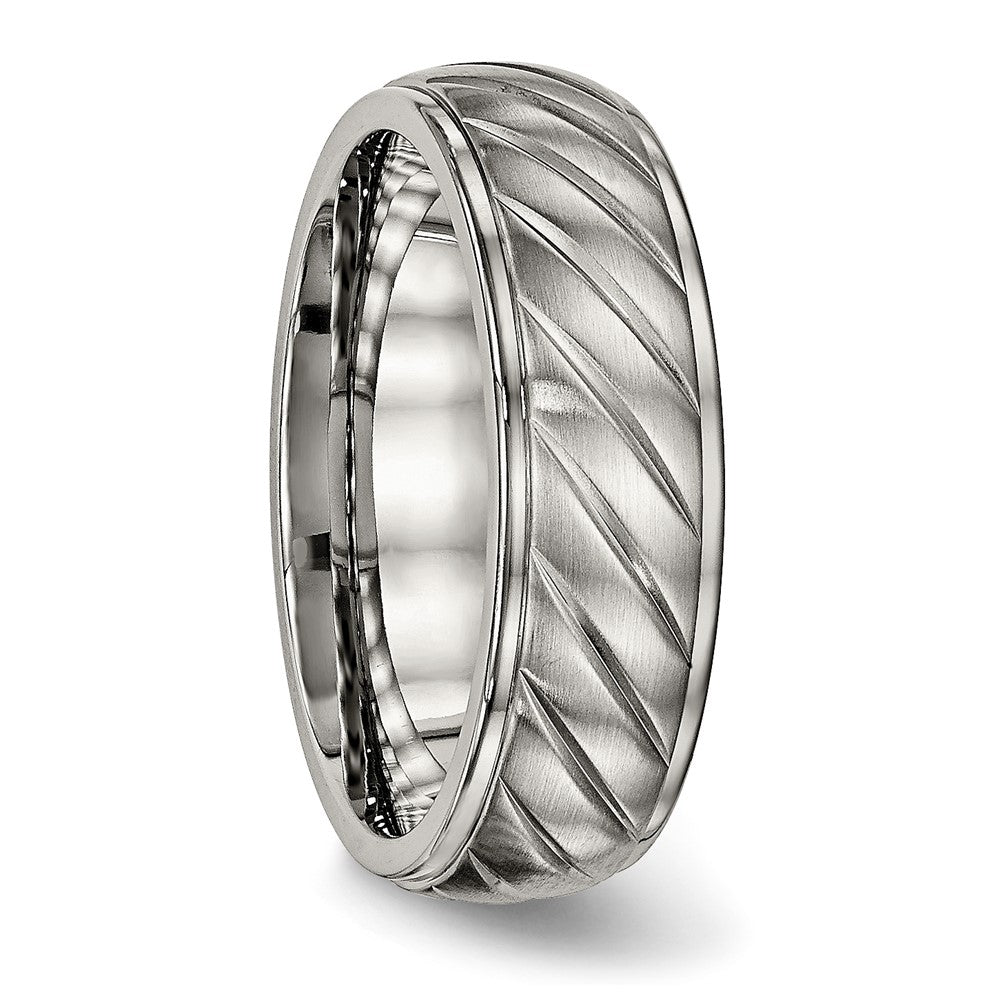 Alternate view of the 7mm Titanium Brushed Diagonal Grooved Ridged Edge Standard Fit Band by The Black Bow Jewelry Co.