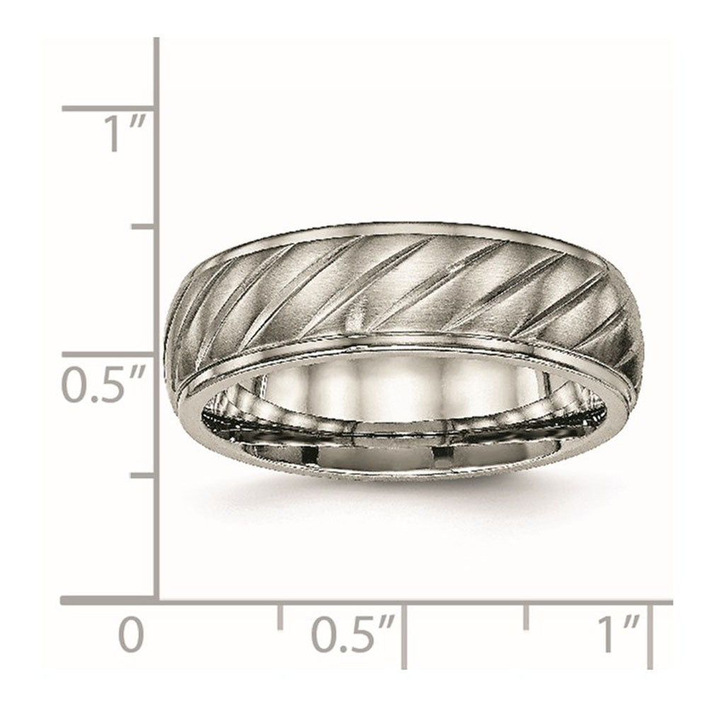 Alternate view of the 7mm Titanium Brushed Diagonal Grooved Ridged Edge Standard Fit Band by The Black Bow Jewelry Co.