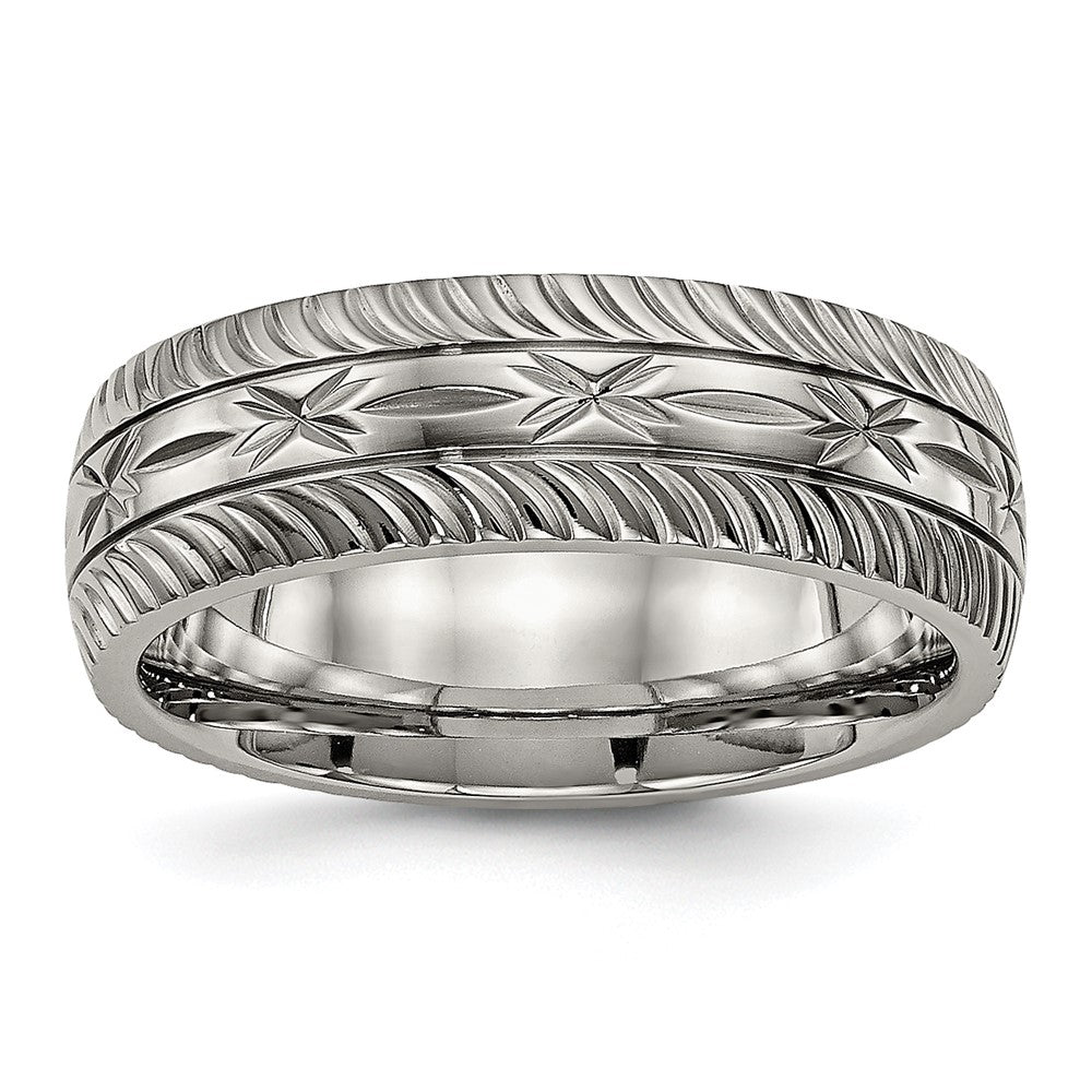 7mm Titanium Diamond Cut Carved Comfort Fit Band, Item R11953 by The Black Bow Jewelry Co.