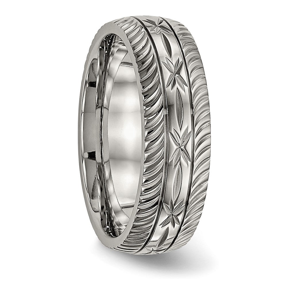 Alternate view of the 7mm Titanium Diamond Cut Carved Comfort Fit Band by The Black Bow Jewelry Co.