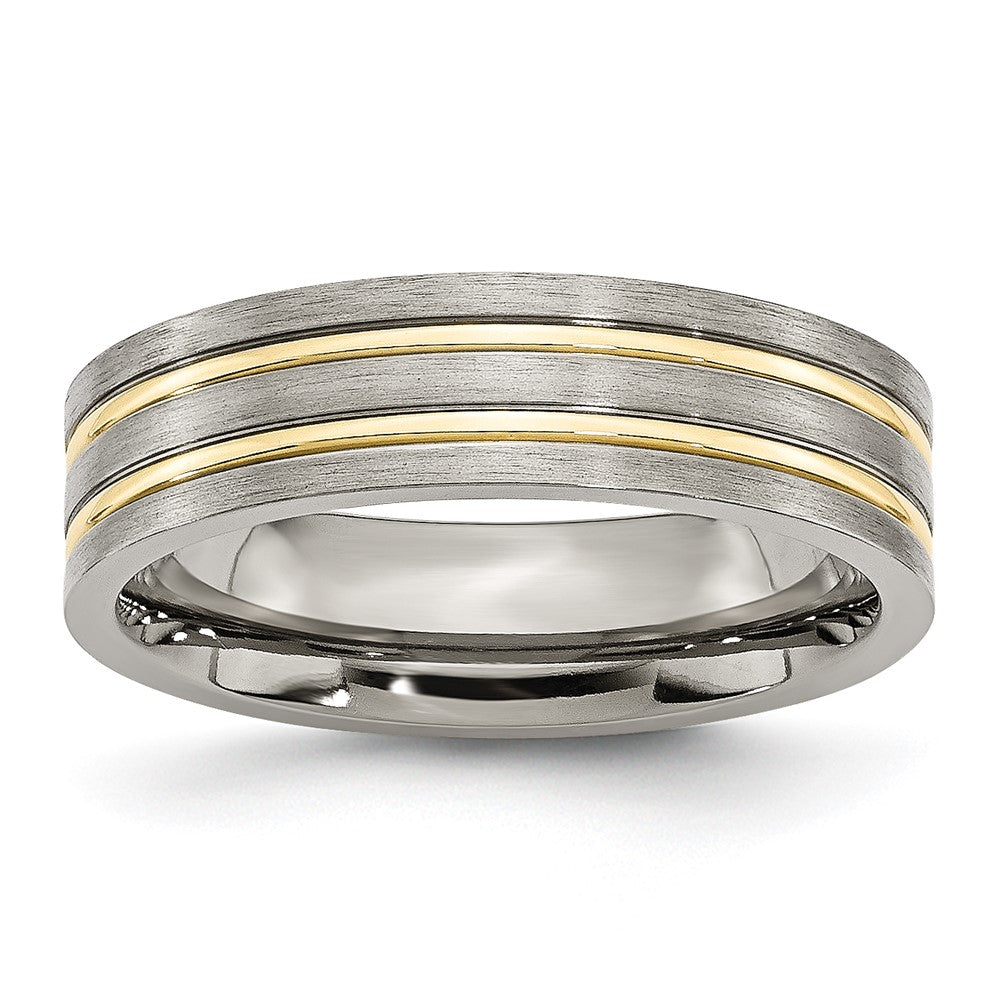 6mm Titanium Gold Tone Plated Grooved Flat Standard Fit Band, Item R11955 by The Black Bow Jewelry Co.