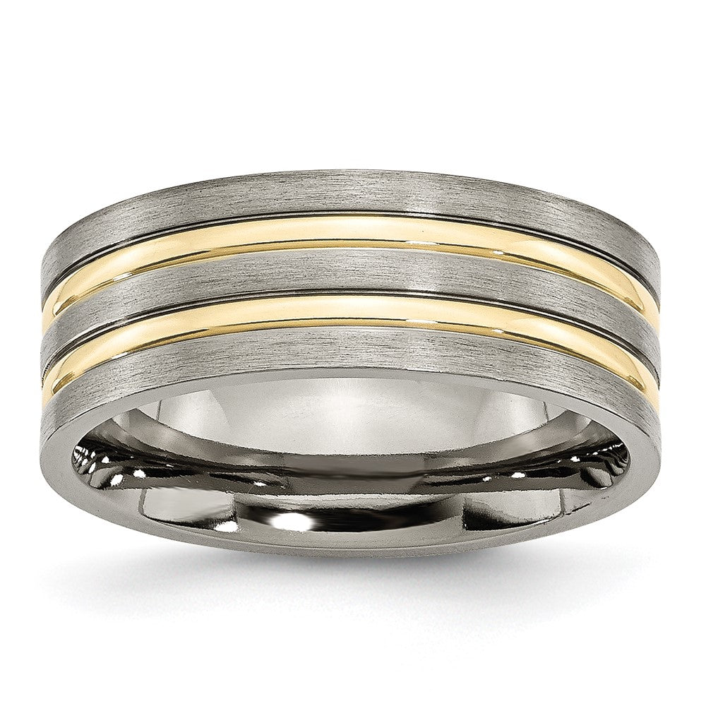 8mm Titanium Gold Tone Plated Grooved Flat Standard Fit Band, Item R11956 by The Black Bow Jewelry Co.