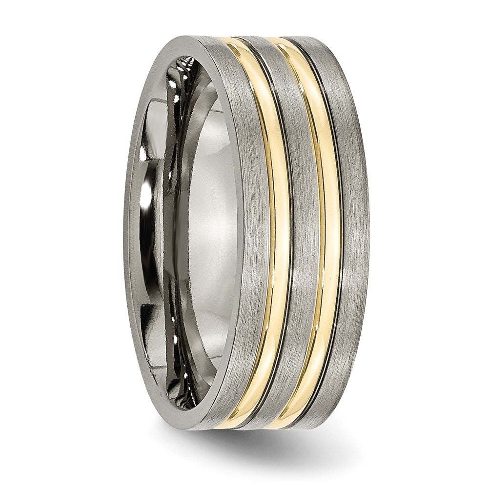 Alternate view of the 8mm Titanium Gold Tone Plated Grooved Flat Standard Fit Band by The Black Bow Jewelry Co.