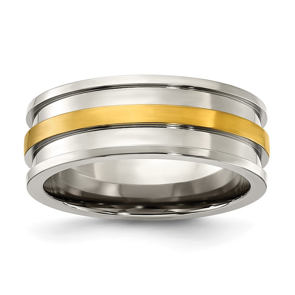 Men&#39;s 8mm Titanium &amp; Gold Tone Grooved Standard Fit Band, Item R11958 by The Black Bow Jewelry Co.