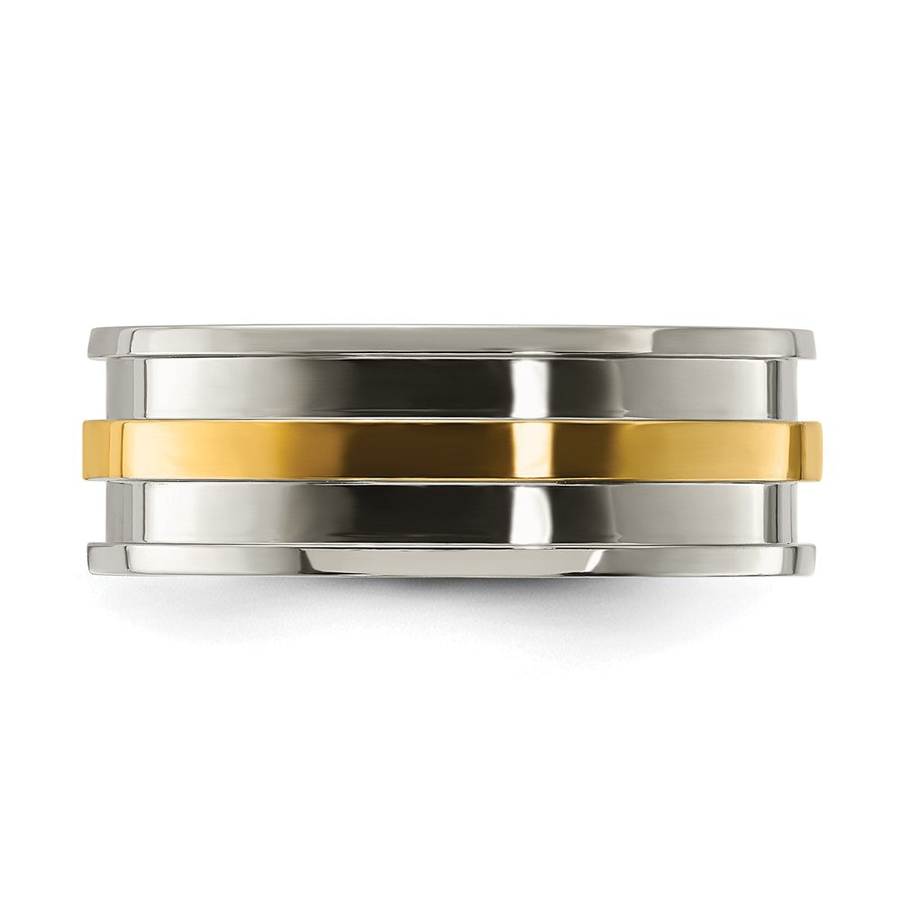 Alternate view of the Men&#39;s 8mm Titanium &amp; Gold Tone Grooved Standard Fit Band by The Black Bow Jewelry Co.