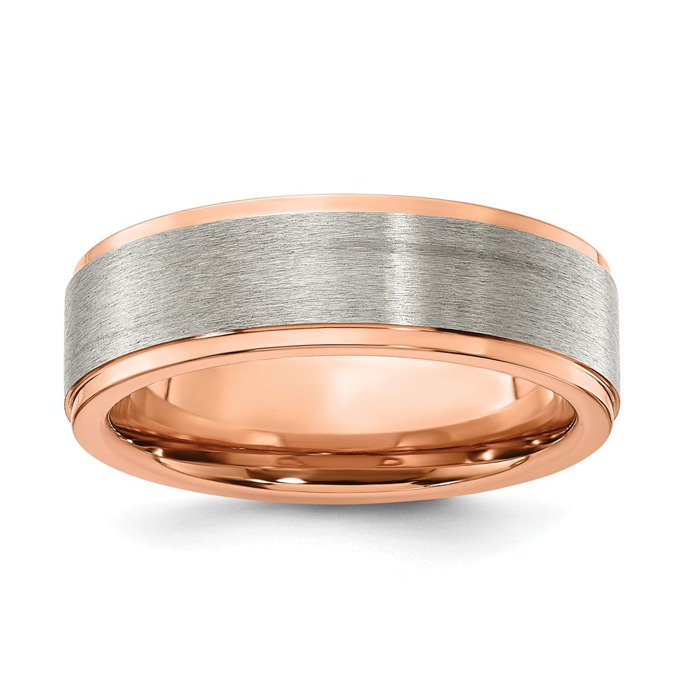 7mm Titanium &amp; Rose Tone Plated Ridged Edge Standard Fit Band, Item R11959 by The Black Bow Jewelry Co.